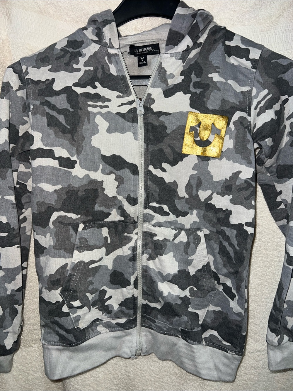 True Religion Kids Gray & Black Camo Zip Hoodie with Gold Logo